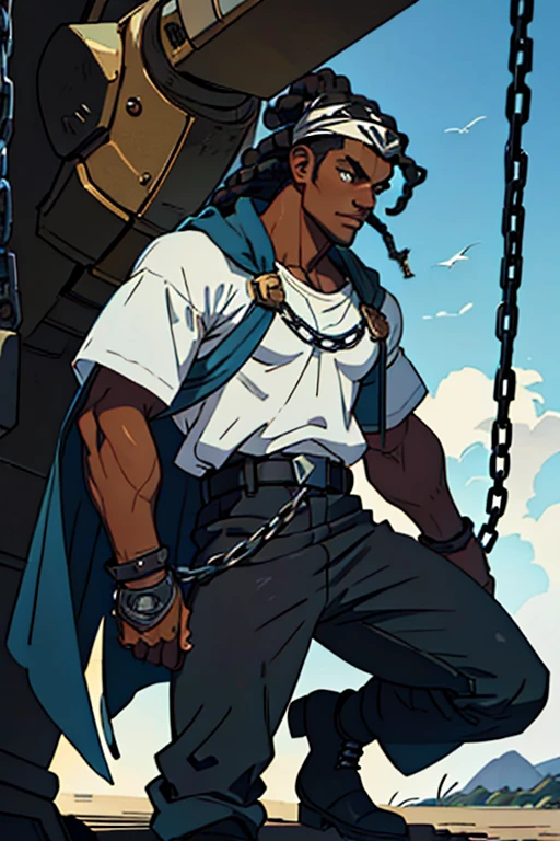 Full body image of a 17-year-old young man with dark skin, with 1,90 m tall and the power to control chains an athletic body. Ele tem cabelos blackws cacheados de dreads brancos e uma faixa turbante de baixo do cabelo, olhos blackws brilhantes. Your skin is black and black, blackw. camisa regata branca com blackw e um casaco por cima blackw com detalhes em branco e com um capuz, black pants with white seams at the knee, with chains, stylish black military boots full of belts and chains, segurando uma bastão de arame farpado blackw com branco