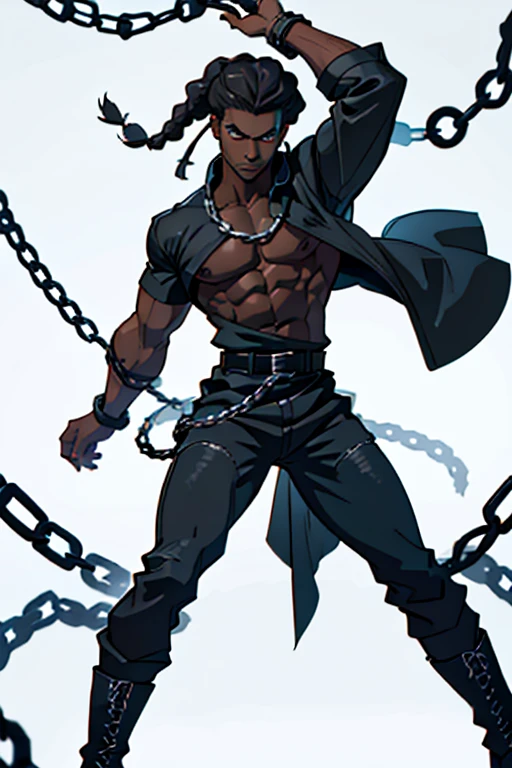 Full body image of a -yeld yo man with dark skin, with 1,90 m tall and the power to control chains an athletic body. Ele tem cabelos blackws cacheados de dreads brancos e uma faixa turbante de baixo do cabelo, olhos blackws brilhantes. Your skin is black and black, blackw. camisa regata branca com blackw e um casaco por cima blackw com detalhes em branco e com um capuz, black pants with white seams at the knee, with chains, stylish black military boots full of belts and chains, segurando uma bastão de arame farpado blackw com branco
