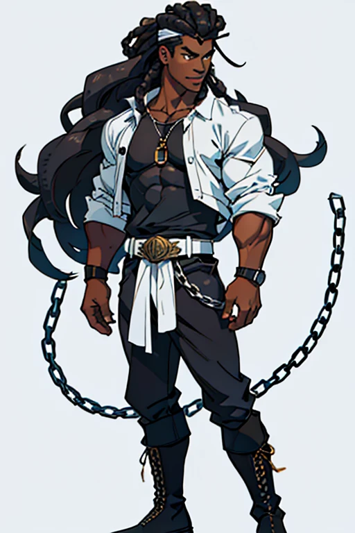 Full body image of a 17-year-old young man with dark skin, with 1,90 m tall and the power to control chains an athletic body. Ele tem cabelos blackws cacheados de dreads brancos e uma faixa turbante de baixo do cabelo, olhos blackws brilhantes. Your skin is black and black, blackw. camisa regata branca com blackw e um casaco por cima blackw com detalhes em branco e com um capuz, black pants with white seams at the knee, with chains, stylish black military boots full of belts and chains, segurando uma bastão de arame farpado blackw com branco