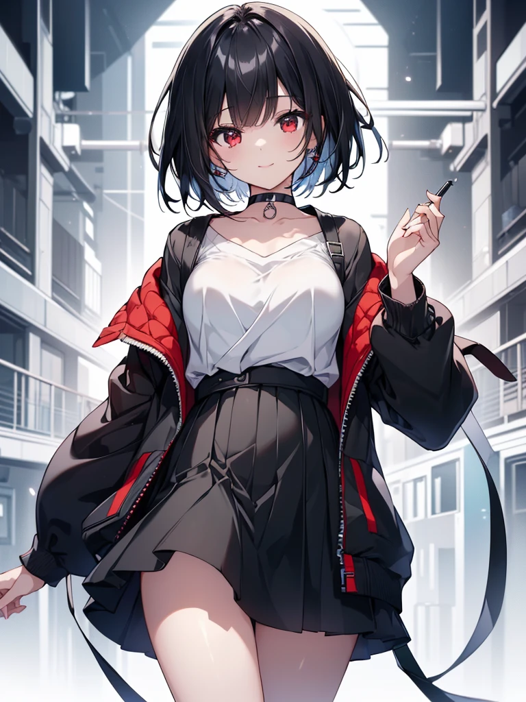 (masterpiece, highest quality, highest quality, (No text), Beautiful and aesthetic:1.2),No text,アニメ、BREAK,One Girl,Black Hair Girl short hair older sister choker Beautiful eyes Red eyes cool smile Looking to the side Black and white Black jacket mini skirt Whole body In town