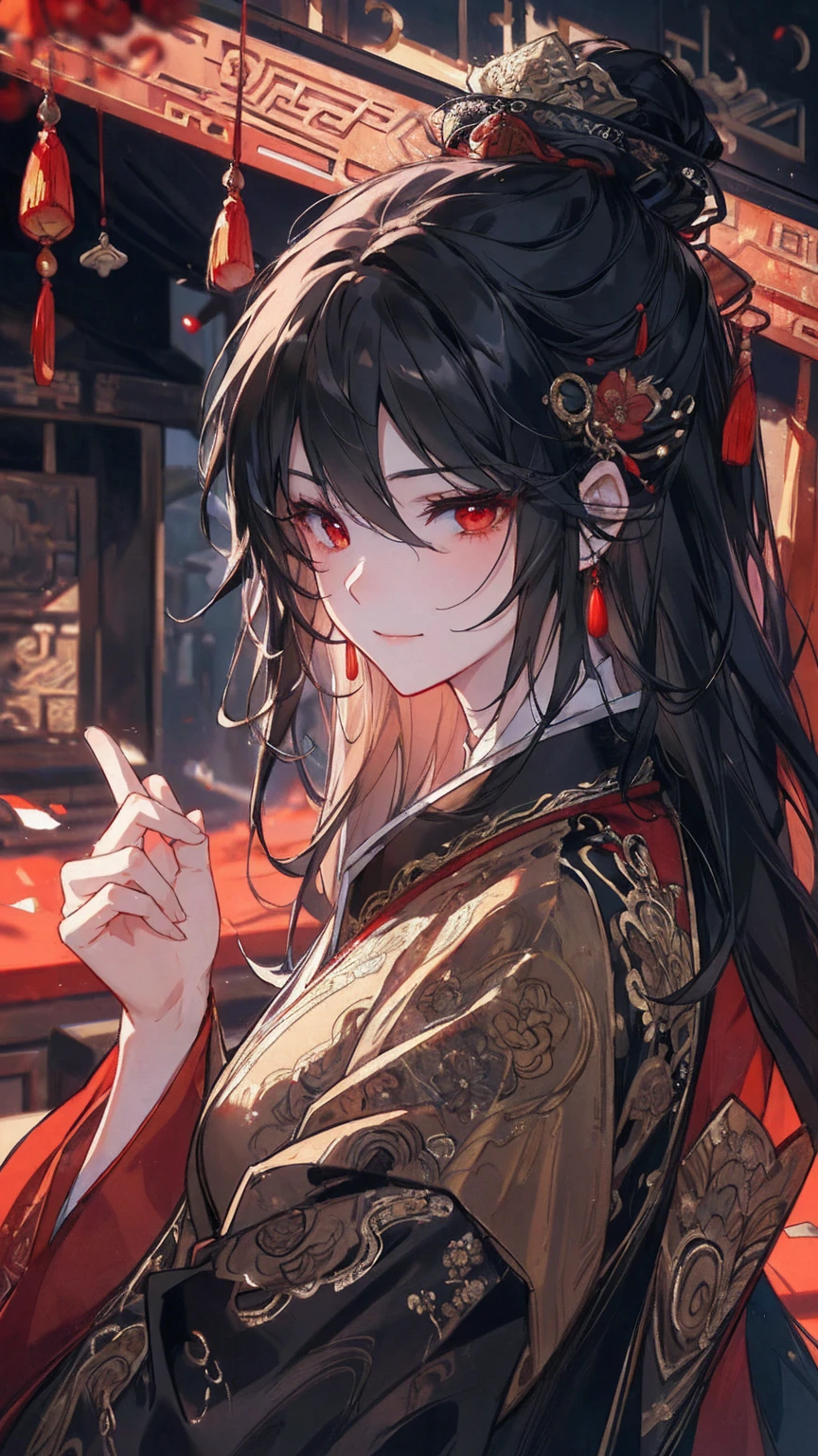 (extremely detailed 8K wallpaper),(ultra-detailed),(best quality),(masterpiece),(highly detailed),(cinematic lighting),(Original),Cold ligh,moody,(Chinese elaborate-style painting ),ink style, black hair, red eyes, sweet smile, sad face, cry