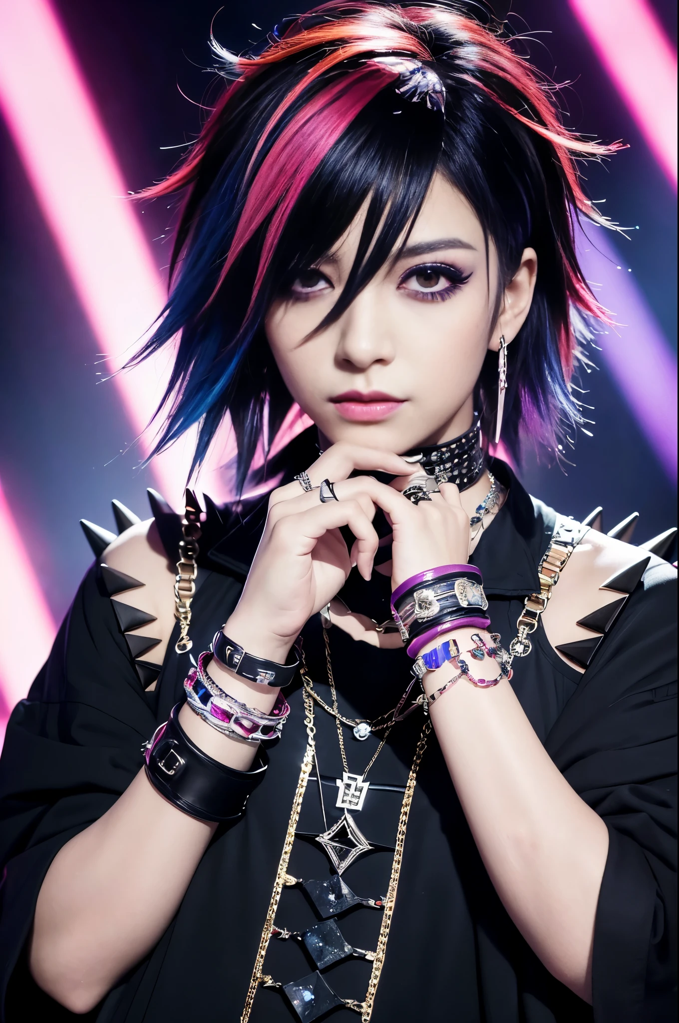 (masterpiece:1.4), (best quality:1.4), ultra high res, ultra high resolution, ((ultra detailed facial features)), HDR, (realistic, photorealistic, photo-realistic:1.37), (1 man), full body Esbian, ((sexy Japanese male)), (-anime), vivid colors, ((vivid colors multicolor (Visual Kei style spikes very short hair))), (happy smile), ultra detailed punk makeup, bold lipstick, long lashes, defined eyebrows, wearing large Visual Kei jewelery, wearing a Visual Kei cosplay, ((vivid Visual Kei outfit)), (layered clothing), choker, rings, bracelets, piercings, look at the camera, cinematic light, rockstar festival stage background with multicolor lights, sweet and sexy pose