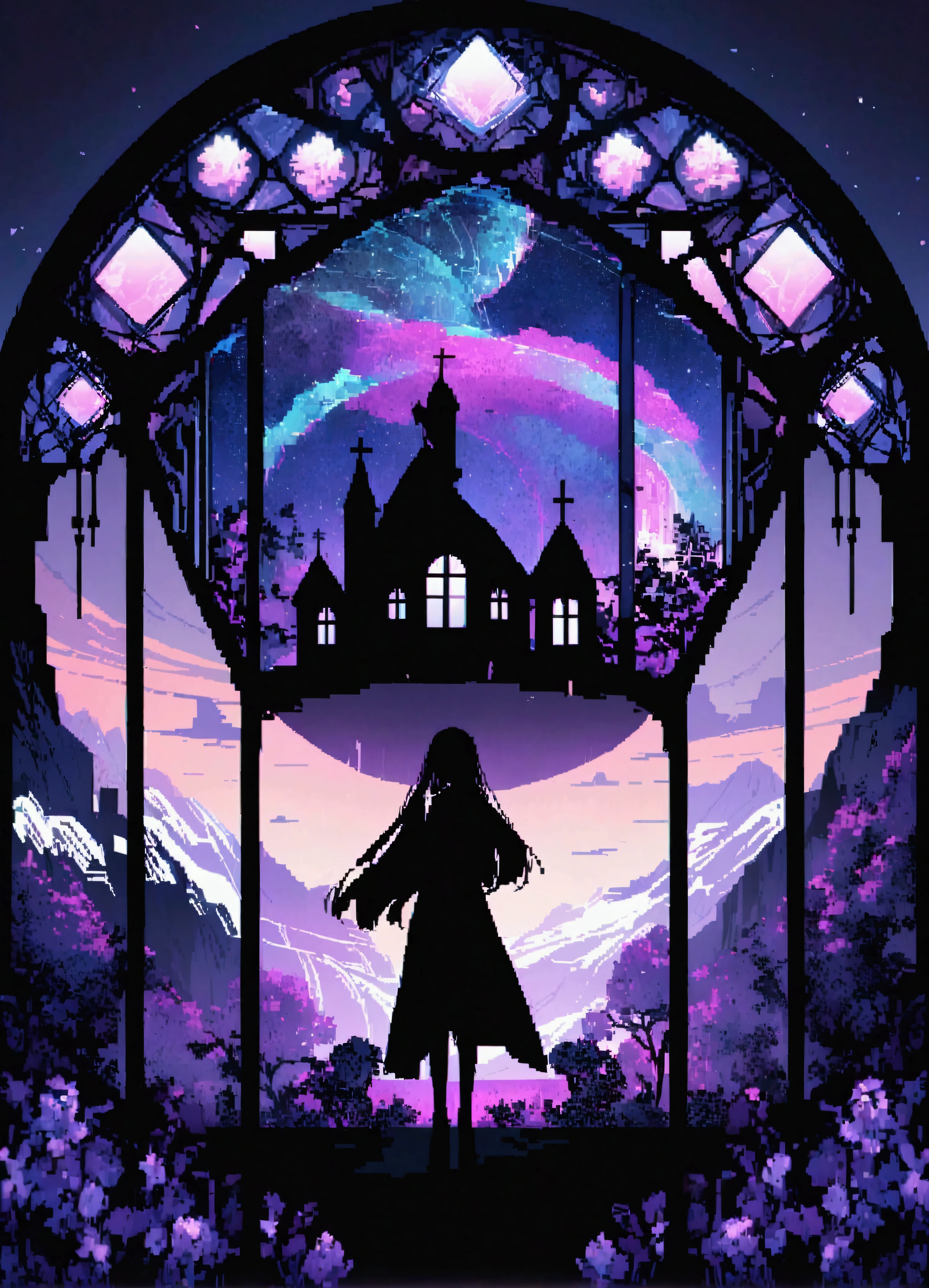(Highest quality、Super detailed)、Silhouette Art、One woman、solo、Close-up、Crazy Smile、Gothic Shrine Maiden、、Glowing Wireframe、oil、Formula、Bioluminescent Arc、Glitch Art、Floral、Mosaic Art、Ultra-high resolution、Absurd、Double Exposure、BREAK score_9、score_8_up、score_7_up