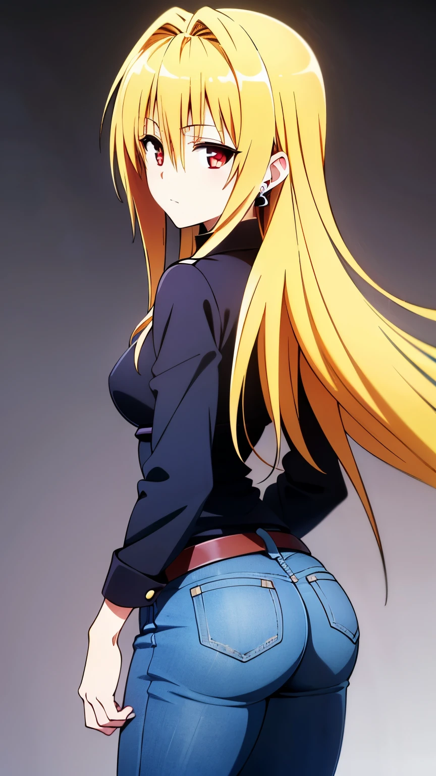 (anime),(1girl),(alone), konjiki no yami, (alone), long hair, blonde hair, hairpins, red eyes, very long hair, hair shots, (expressionless, calm:1.5), solo, ((Earrings, jewelry, Denim dress, Denim pants), (back, Showing her ass)), (small medium breasts:1.2), narrow waist, 
round butt, hair between eyes, hair ornament, two sides up, bangs, cowboy shot, dynamic stance, ultra detailed, detailed eyes, masterpiece, standing, perfect hands, perfect anatomy, floating hair, to love- ru, looking forward, perfect anatomy, perfect hands, (looking at viewer), 