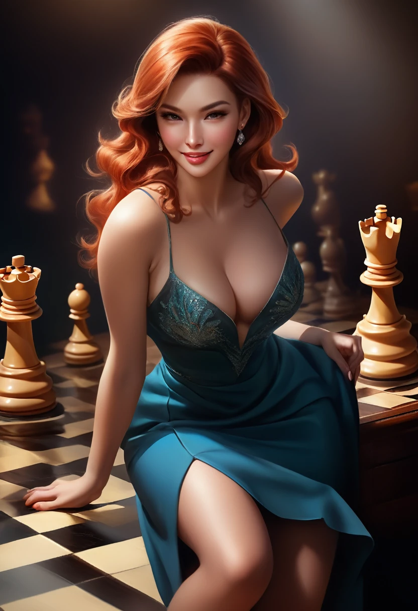 a picture of a woman proud, happy, overjoyed, victorious after winning chess game, a beautiful woman ((full body shot: 1.5)), ((anatomically correct: 1.5)) (ultra detailed face: 1.4), dynamic skin complexion, dynamic hair style, dynamic hair color, ((winning a chess game: 1.5)), at chess tournament, she is dressed in elegant dress, intricate dress, dynamic color dress, dynamic style dress, wearing high heels, a ((look of satisfaction: 1.3)), a look of ((victory: 1.3)), a look of overcoming great obstacle, chess tournament background,  vibrant, Ultra-high resolution, High Contrast, (masterpiece:1.5), highest quality, Best aesthetics), best details, best quality, highres, 16k, [ultra detailed], masterpiece, best quality, (extremely detailed), Cinematic Hollywood Film style