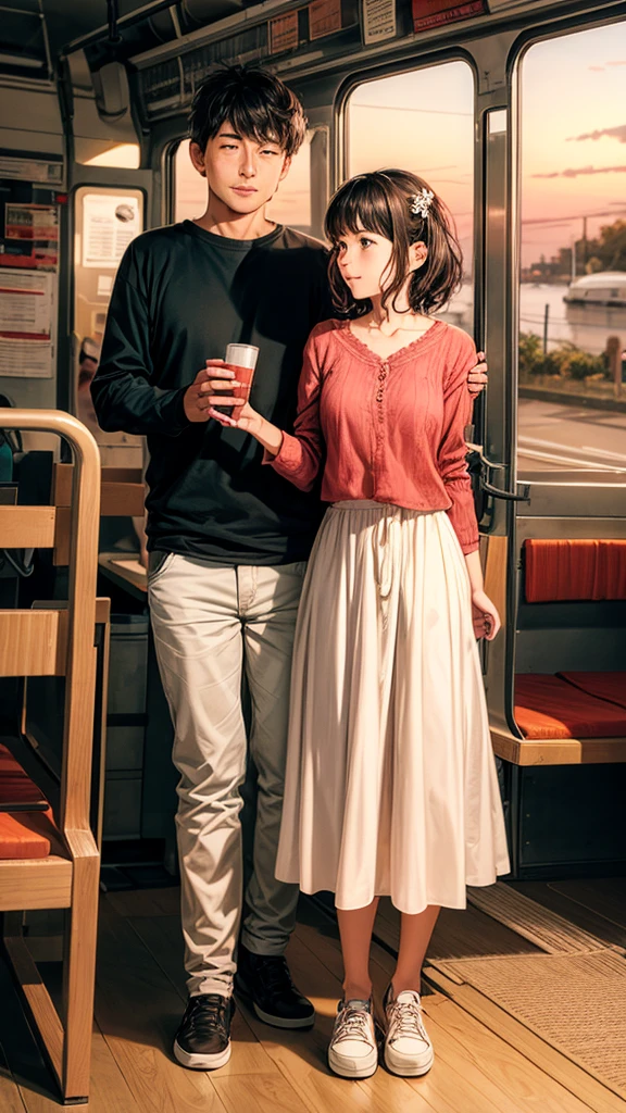 A couple is traveling in a bus. The couple is wearing short clothes. The girl has big hips. The sunset is taking place.