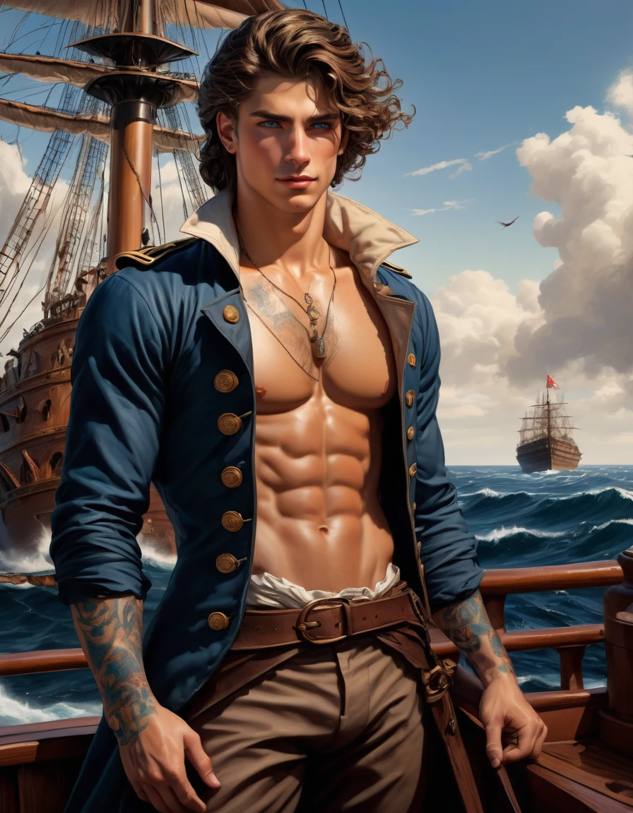 wide angle oil painting, The protagonist is a slender muscular young man, white skin, brown hair, blue eyes, very handsome., The 18th Century Sailor Context: A ship deck, with the rough sea in the background. colors: marine tones, deep blues, whites, dark woods. model: athletic, with tattoos and scars. style: romantic, with a touch of drama. Expression: look to the horizon, expression of determination.