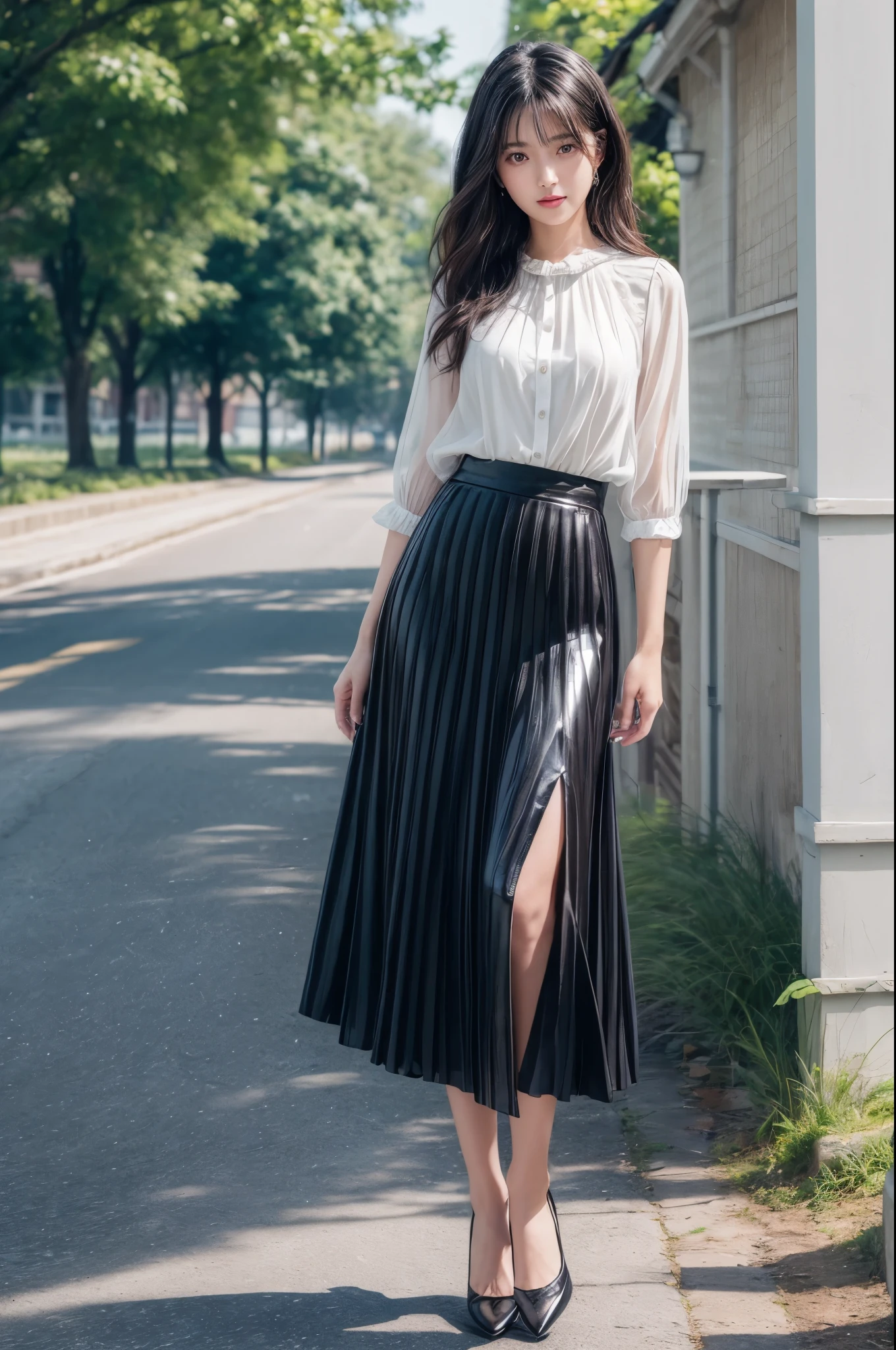 ((Best image quality、8k、masterpiece:1.3))、Realistic high-quality photos、Highest quality、Beautiful and elegant face and eyes、Black Hair、Shiny Hair、 OL、Wearing a short-sleeved blouse、Wear a long skirt、Full Body Shot、Well-balanced proportions、