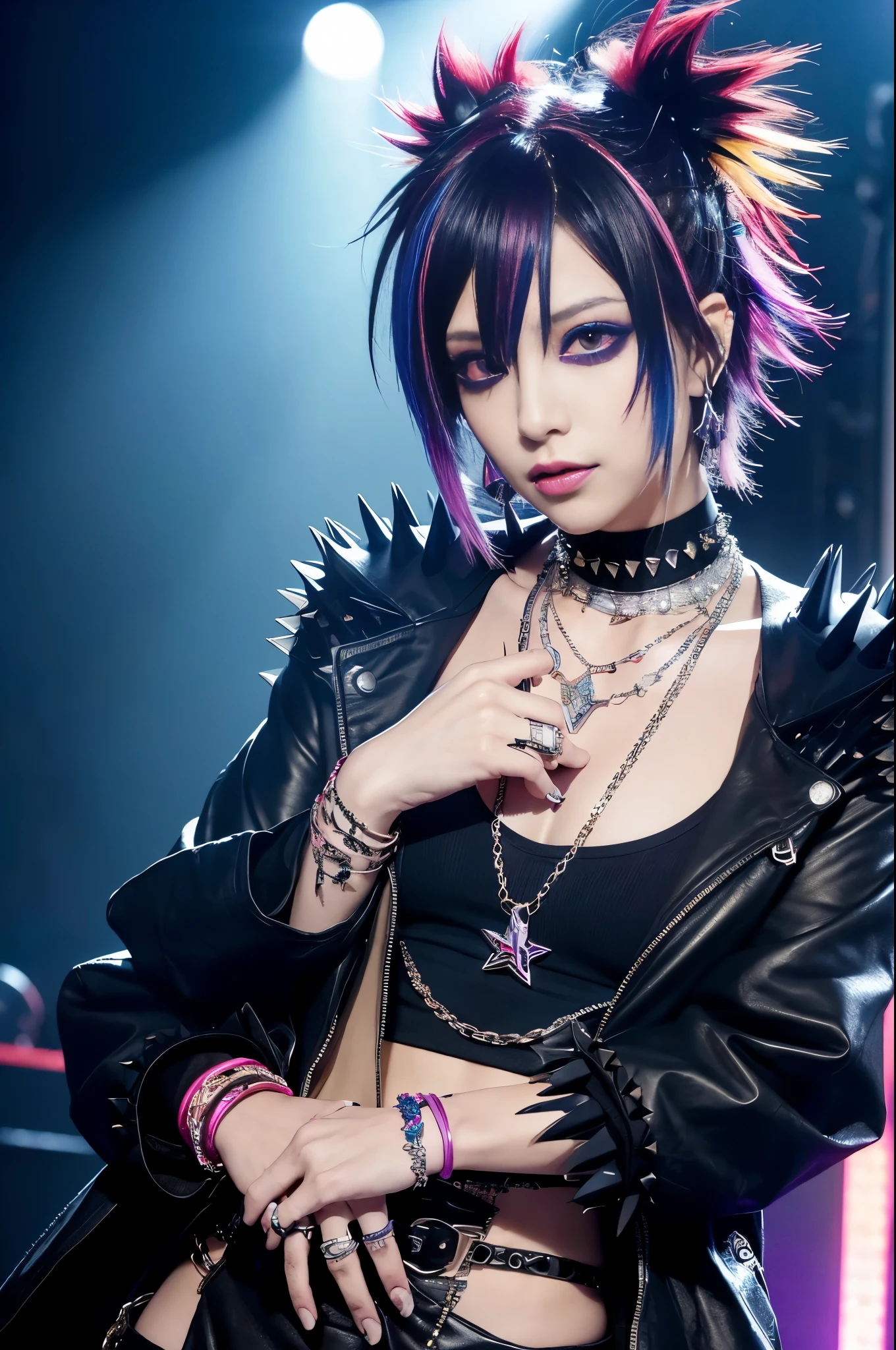 (masterpiece:1.4), (best quality:1.4), ultra high res, ultra high resolution, ((ultra detailed facial features)), HDR, (realistic, photorealistic, photo-realistic:1.37), (1 man), full body Esbian, ((sexy Japanese male)), (-anime), vivid colors, ((vivid colors multicolor (Visual Kei style spikes very short hair))), (happy smile), ultra detailed punk makeup, bold lipstick, long lashes, defined eyebrows, wearing large Visual Kei jewelery, wearing a Visual Kei cosplay, ((vivid Visual Kei outfit)), (layered clothing), choker, rings, bracelets, piercings, look at the camera, cinematic light, rockstar festival stage background with multicolor lights, sweet and sexy pose