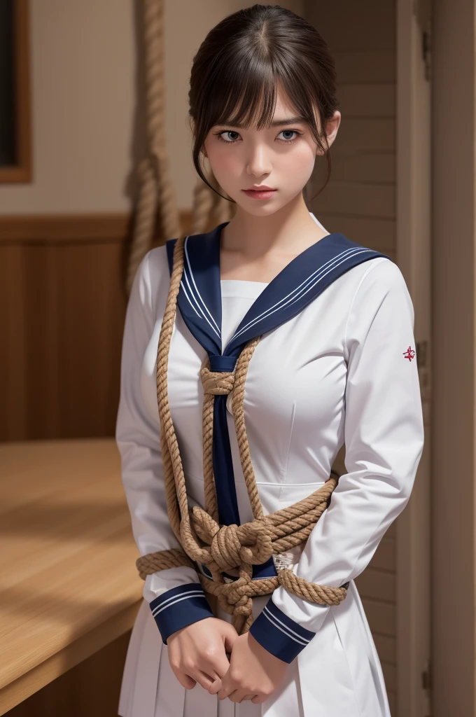 sailor uniform, bound, (Highly detailed CG Unity 8k), (Highest quality)，(Very detailed)，(Ultra-high resolution), 1 female, uniform, ((Sailor suit)), ((Rope Bondage)), Tying up a woman&#39;Bind the chest with a rope, Use a rope to pull your hands back, Legs with rope, Tie your thighs with a rope, tying one&#39;s feet with rope, ((Tie your wrists behind your back)), Ankle binding, gag, Navy Blue Skirt, Black Hair, Bobcut, BDSM, Bust Shot, ((White headband)),