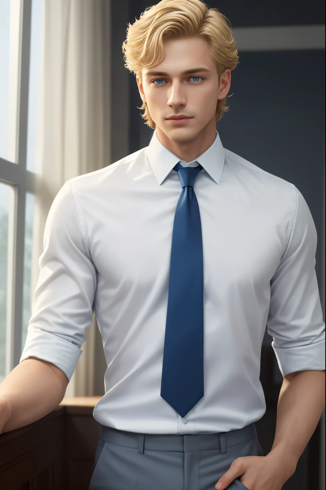 Masterpiece, Young Handsome Boy has short blonde hair, blonde hair, wavy hair, sky blue eyes, totally-clean-shave, 1boy, College Student, AS-Adult, white shirt with tie and pants, sky blue eyes, symmetrical face. wavy-hair, totally-clean-shave (Best Illustration), (beautiful-detailed eyes), (Best Quality Face, Fingers), Symmetrical, smooth, sharp focus, illustration, realistic, artstation, award winning photography, octane render, cinematic lighting from the right, hyper realism, octane render, 8k, depth of field, 3D. He looks at the viewer. Full Figure. Background a castle
