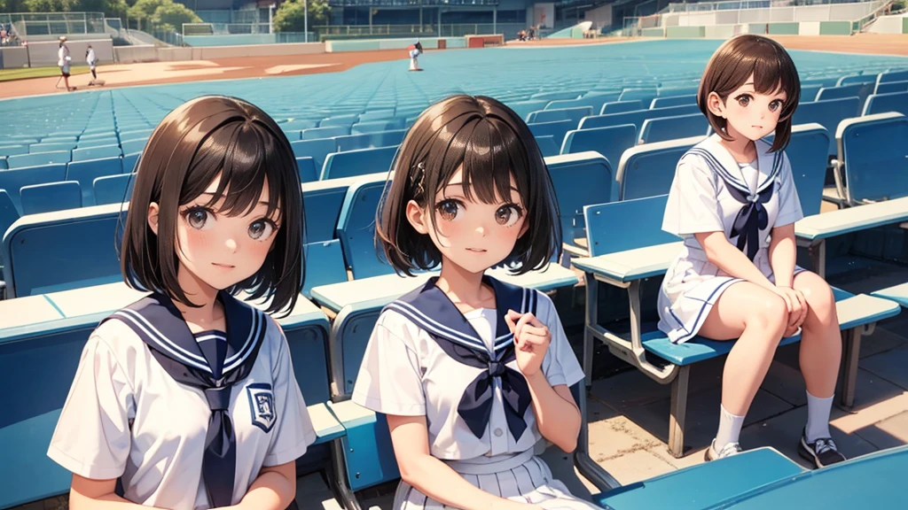 The background is the seats at an outdoor baseball stadium in midsummer.、Upper body shot of two high school girls and boys wearing summer sailor suits。The first person is a cute girl with light brown hair and straight bangs.。The second person is a tall man with very short black hair, and is wearing a girl&#39;s summer sailor uniform despite being a boy.。Both of them are smiling and making cute faces.