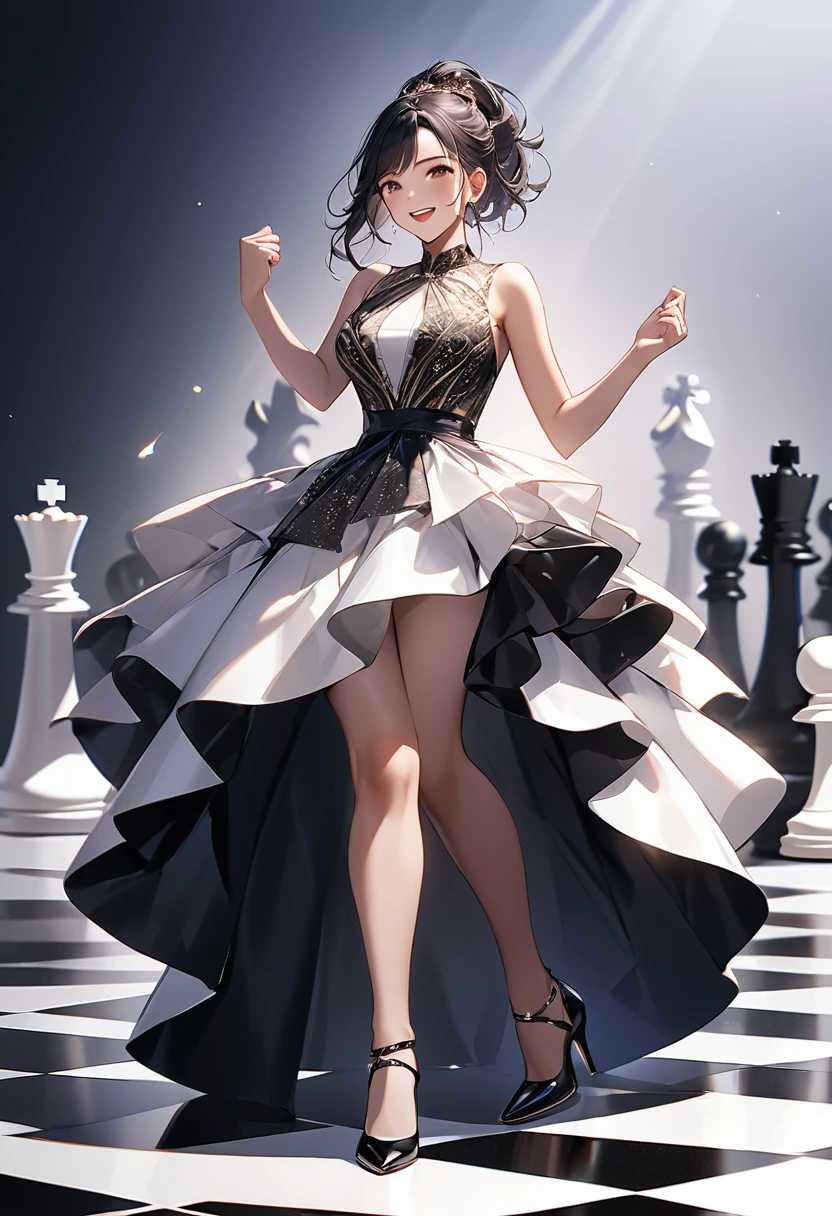 a picture of a woman proud, happy, overjoyed, victorious after winning chess game, a beautiful woman ((full body shot: 1.5)), ((anatomically correct: 1.5)) (ultra detailed face: 1.4), dynamic skin complexion, dynamic hair style, dynamic hair color, ((winning a chess game: 1.5)), at chess tournament, she is dressed in elegant dress, intricate dress, dynamic color dress, dynamic style dress, wearing high heels, a ((look of satisfaction: 1.3)), a look of ((victory: 1.3)), a look of overcoming great obstacle, chess tournament background,  vibrant, Ultra-high resolution, High Contrast, (masterpiece:1.5), highest quality, Best aesthetics), best details, best quality, highres, 16k, [ultra detailed], masterpiece, best quality, (extremely detailed), Cinematic Hollywood Film style