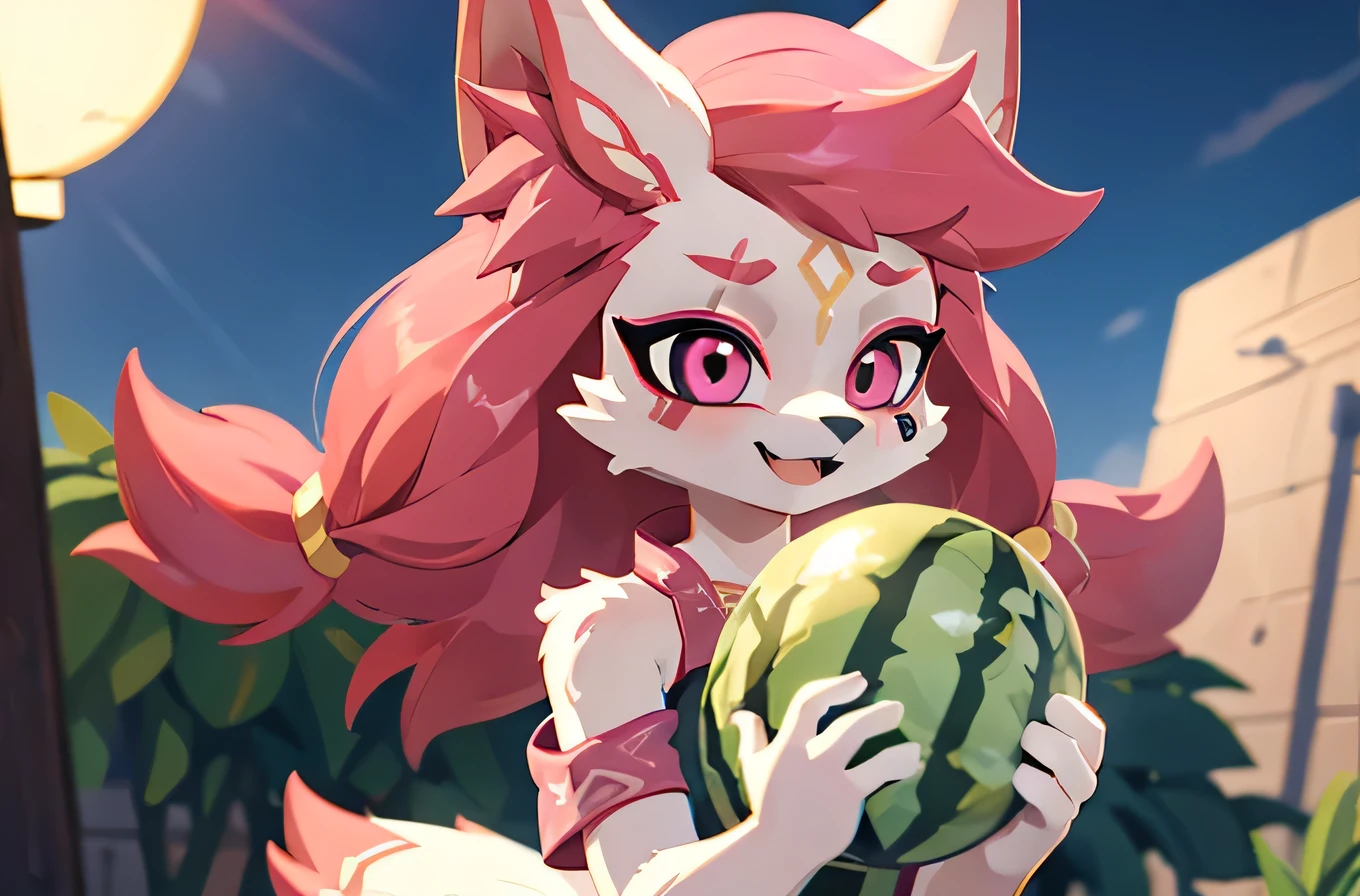 kimiko, furry female anthro, fox girl, white body fur, Pink hair, solo, body fur, (best quality), cinematic lighting, masterpiece, perfect hair, watermelon in hands, happy