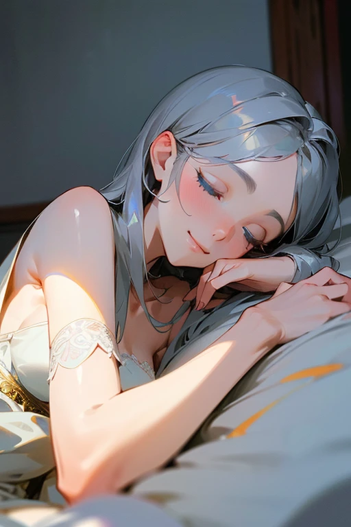 (masterpiece: 1.2, Highest quality), (Actual Photos, Intricate details), 1. woman, alone, Upper Body, casual, Shoulder-length hair, Minimal makeup, Natural materials, Face close-up, smile, Home, Gray Hair, blue eyes, Shoulder Bare、(From the waist up).(Platinum decoration)、((Sleeping in bed))