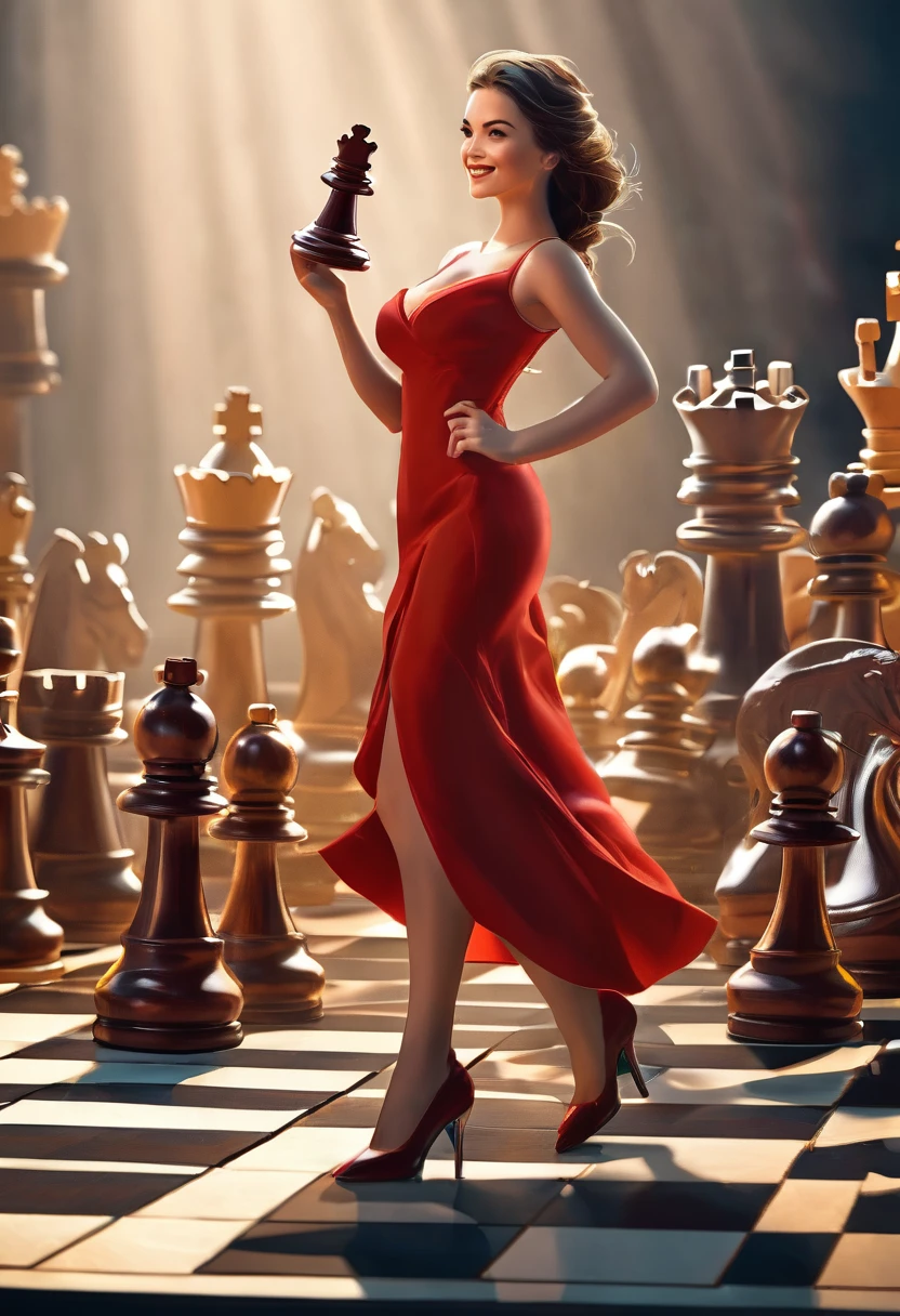 a picture of a woman proud, happy, overjoyed, victorious after winning chess game, a beautiful woman ((full body shot: 1.5)), ((anatomically correct: 1.5)) (ultra detailed face: 1.4), dynamic skin complexion, dynamic hair style, dynamic hair color, ((winning a chess game: 1.5)), at chess tournament, she is dressed in elegant dress, intricate dress, dynamic color dress, dynamic style dress, wearing high heels, a ((look of satisfaction: 1.3)), a look of ((victory: 1.3)), a look of overcoming great obstacle, chess tournament background,  vibrant, Ultra-high resolution, High Contrast, (masterpiece:1.5), highest quality, Best aesthetics), best details, best quality, highres, 16k, [ultra detailed], masterpiece, best quality, (extremely detailed), Cinematic Hollywood Film style