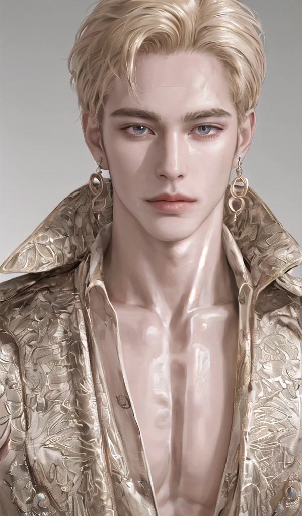 Solo, portrait, earrings, solo,lips, Man. 25 years. King. Naked. Very Tall, muscular and very handsome. 195cm (height). Golden blonde hair and golden eye color. Bright skin. High quality, Detailed, High resolution, Masterpiece, Very high quality.