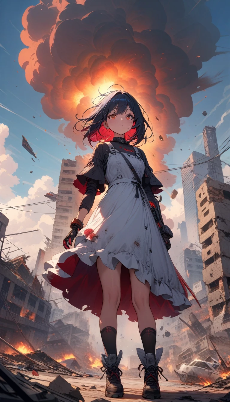 ((best quality)) , ((masterpiece)) , (detailed)，Color splash, Ghostly Astronaut (Li Gong:1.3) , wearing Shabby Chic Wrap dress, has metallic plating, Colored hair, Fossil fuel power station in background,((destroyed)),explosion, buildings in disarray, The residual eaves DuanBi, cumulus, mouldy, floating, wind, Dead end machine,(broken robot),(Mechanical robot girl), in the rubble of a devastated city

