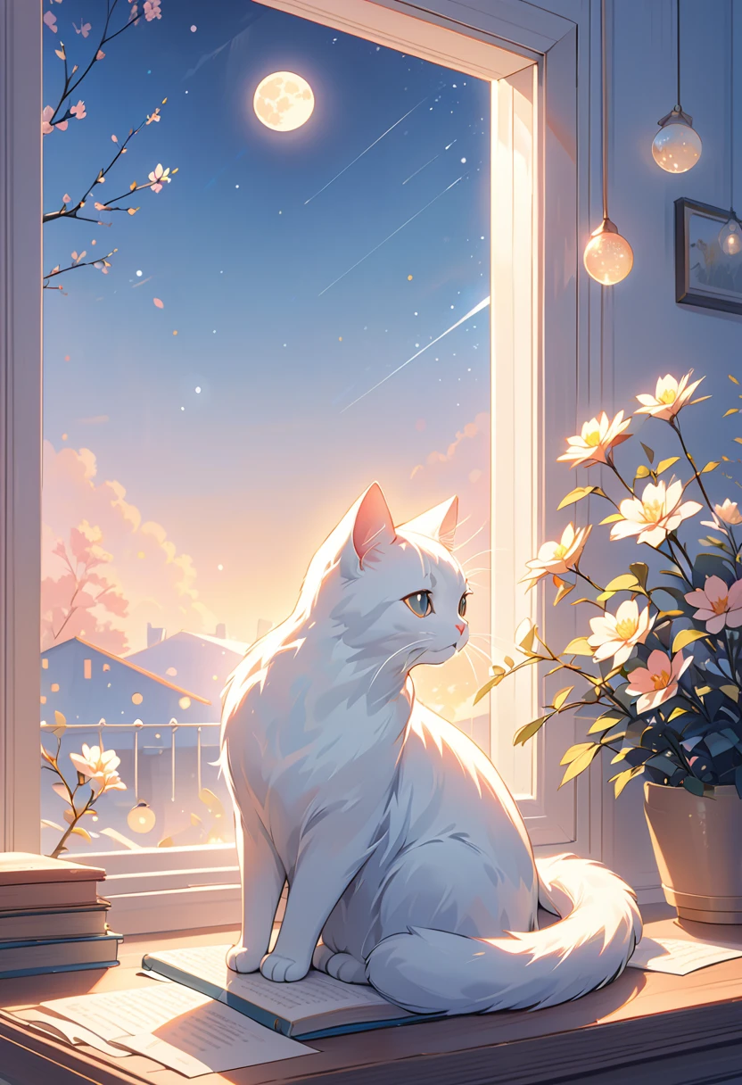 (highest quality:1.2), Beautiful lo-fi minimalist vibe, Cat, Book, window, moon, light bokeh, In soft colors, Sparkling, dynamic side angle, Natural soft lighting, 8K resolution, figure, pastel four colors