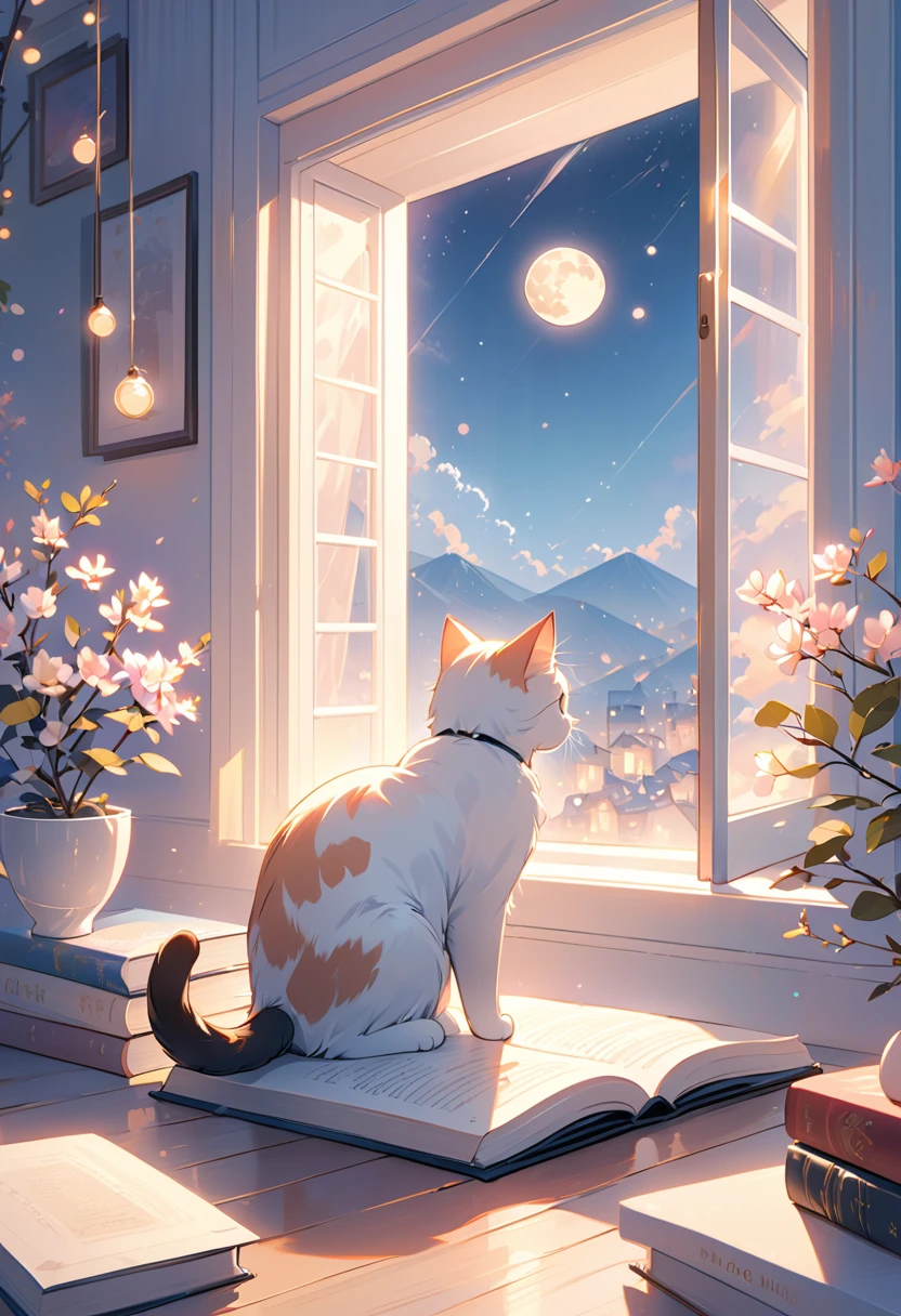 (highest quality:1.2), Beautiful lo-fi minimalist vibe, Cat, Book, window, moon, light bokeh, In soft colors, Sparkling, dynamic side angle, Natural soft lighting, 8K resolution, figure, pastel four colors