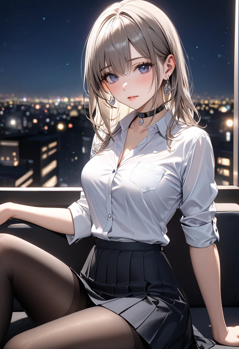 best quality, super_delicate, ultra detailed, beautiful, 8k , 1girl, sitting, business shirt, skirt, earrings, choker, black tights, nikke, night