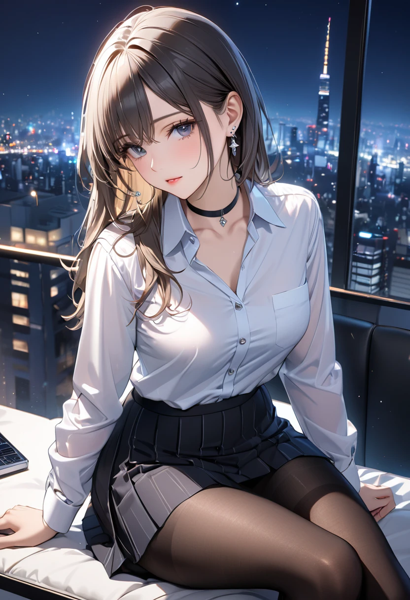 best quality, super_delicate, ultra detailed, beautiful, 8k , 1girl, sitting, business shirt, skirt, earrings, choker, black tights, nikke, night