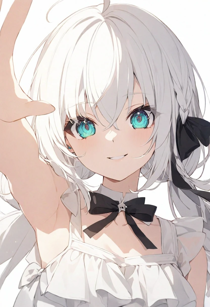 (muste piece), (best quality), (score_9, score_8_up, score_7_up), very detailed eyes, expressive eyes, perfect face, very detailed face, highly detailed face, beautiful girl, 8K, beautiful girl, white background, delicate and beautiful face and eyes, dark intense shadow, 1 girl, vtuber style, cool girl, hololive, vtuber, Shirakami Fubuki, white hair, single side braid, ahoge, piercing, fox tail, low twintails, see-through:white sundress, sleeveless dress, suspender dress, dress bow,arm up, medium chest, clavicle, smlie, (upper body), (reaching out one hands towards the viewer)