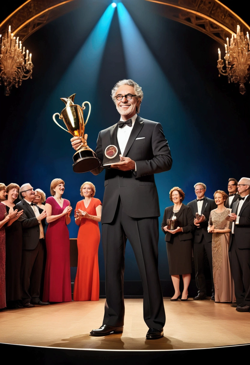 (Award-Winning Moment, holding prize), at a literary awards ceremony, a writer receives the highest honor for outstanding work. Standing on the stage with the trophy in hand and a humble smile on face, surrounded by applause from the audience, full body, award-winning, cinematic still, emotional, vignette, dynamic, vivid, (masterpiece, best quality, photorealistic, Professional, perfect composition, very aesthetic, absurdres, ultra-detailed, intricate details:1.3)