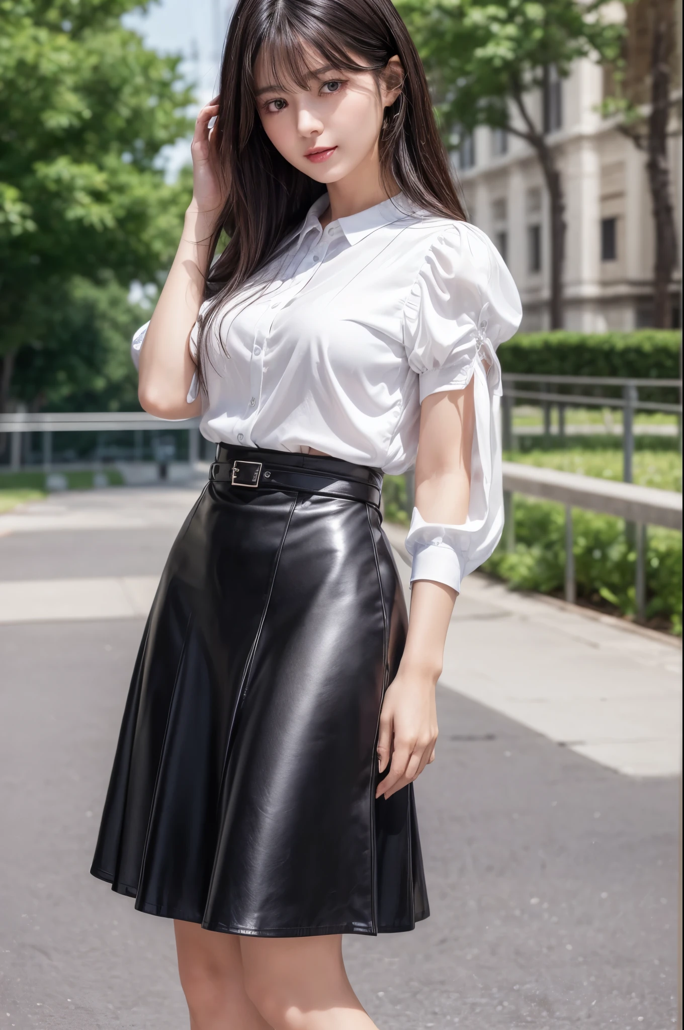 ((Best image quality、8k、masterpiece:1.3))、Realistic high-quality photos、Highest quality、Beautiful and elegant face and eyes、Black Hair、Shiny Hair、 OL、Wearing a short-sleeved blouse、Wear a long skirt、Full Body Shot、Well-balanced proportions、