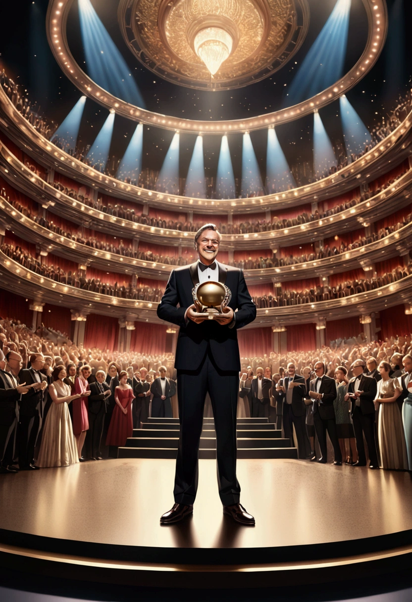 (Award-Winning Moment, holding prize), at a literary awards ceremony, a writer receives the highest honor for outstanding work. Standing on the stage with the trophy in hand and a humble smile on face, surrounded by applause from the audience, full body, award-winning, cinematic still, emotional, vignette, dynamic, vivid, (masterpiece, best quality, photorealistic, Professional, perfect composition, very aesthetic, absurdres, ultra-detailed, intricate details:1.3)