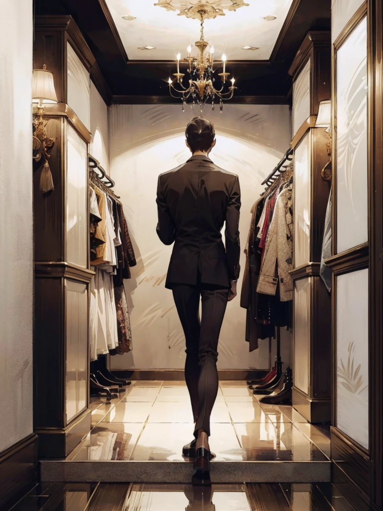 The store is a high-end, luxurious clothing boutique. The space is large and open, with high ceilings and a modern, sophisticated design. The floors are made of polished marble, and the walls are a mix of soft white and light gray tones, giving the space an elegant and clean look. There are large, full-length mirrors strategically placed throughout the store, adding depth and allowing customers to see their outfits from all angles.

The lighting is soft and warm, with a combination of recessed lights in the ceiling and stylish chandeliers hanging down, creating a welcoming and upscale atmosphere. The store is furnished with sleek, contemporary furniture, including comfortable seating areas with plush velvet chairs and small coffee tables.

The clothing is displayed on gold and chrome racks that are evenly spaced, making it easy to browse. There are also several mannequins dressed in the latest fashions placed around the store. In addition to the clothing racks, there are elegant wooden tables showcasing accessories like handbags, jewelry, and shoes. The store's entrance features large glass doors, and the front window displays are designed to showcase the latest trends and high-end pieces, drawing customers in with their stylish and sophisticated arrangements.

At the back of the store, there is a spacious and luxurious fitting area with private changing rooms. Each changing room is decorated with high-quality materials, including velvet curtains, soft carpeting, and comfortable seating. The store also features a VIP area for exclusive customers, offering personalized shopping experiences with private consultations.

Overall, the luxury clothing store exudes an air of exclusivity and elegance, with every detail carefully designed to create a refined and luxurious shopping experience.