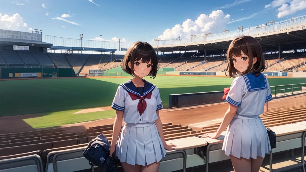 The background is the seats at an outdoor baseball stadium in midsummer.、The upper body of a pair of high school girls and boys wearing summer sailor uniforms2shot。The first person is a cute girl with light brown hair and straight bangs.。The second person is a tall man with very short black hair, and is wearing a girl's summer sailor uniform despite being a boy.。Both of them are smiling and making cute faces.