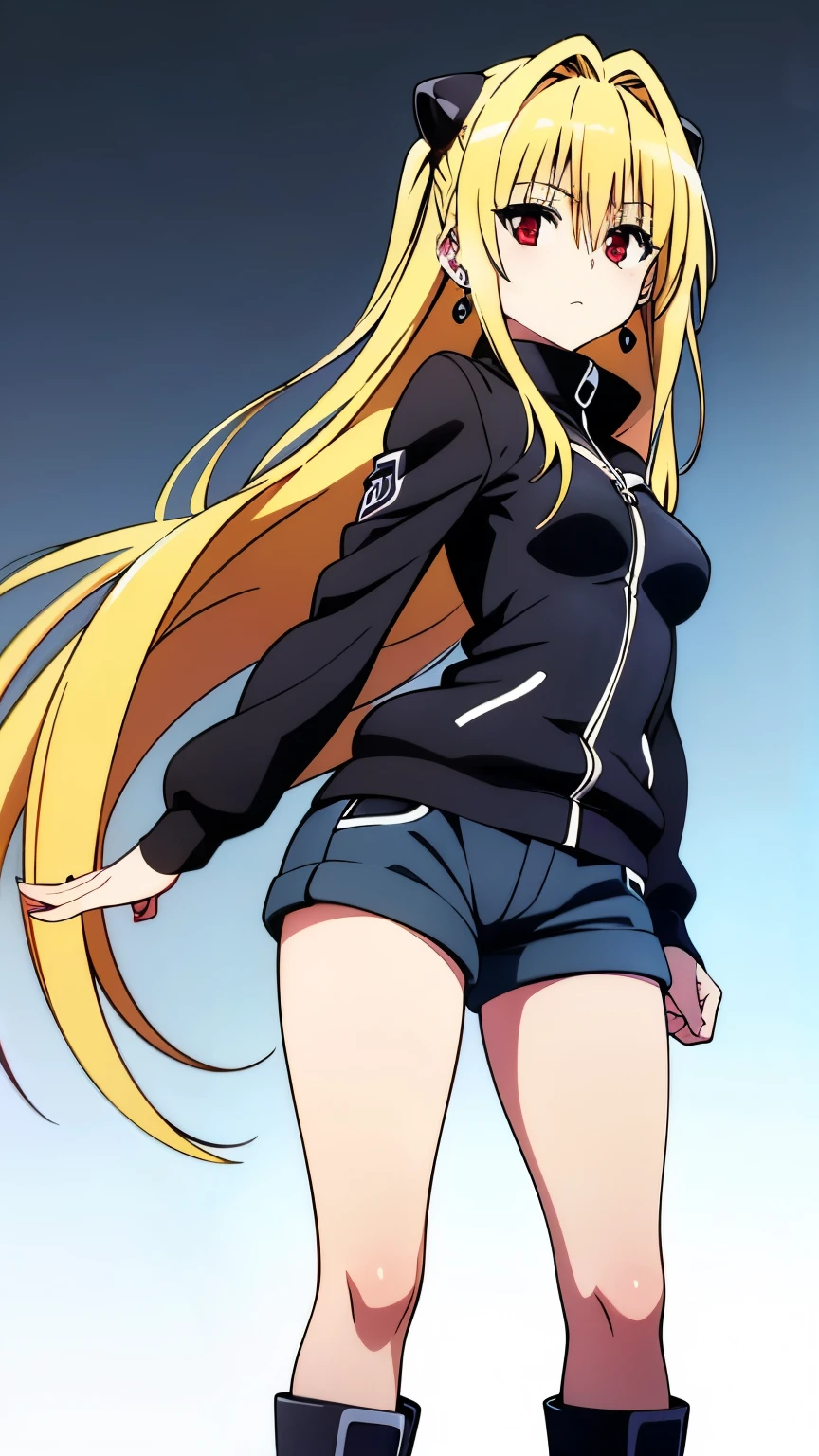 (anime),(1girl),(alone), konjiki no yami, (alone), long hair, blonde hair, hairpins, red eyes, very long hair, hair shots, (expressionless, calm:1.5), solo, ((College jacket, shorts, boots, earrings)), (small medium breasts:1.2), narrow waist, 
round butt, hair between eyes, hair ornament, two sides up, bangs, cowboy shot, dynamic stance, ultra detailed, detailed eyes, masterpiece, standing, perfect hands, perfect anatomy, floating hair, to love- ru, looking forward, perfect anatomy, perfect hands, (looking at viewer), 