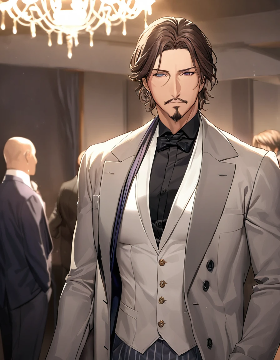 1man, mature male, parted bangs, medium-short hair, brown hair, muscular male celeb, short goatee, short mustache, indigo eyes, gentleman, elegant netori male, dark iris, upperwaist, ideal ratio body proportions, BREAK solo, white collared shirt, gray trench coat, black neck ribbon, in gentle sasaki style, visual novel, 2010s, extreme all detailed, masterpiece, best quality