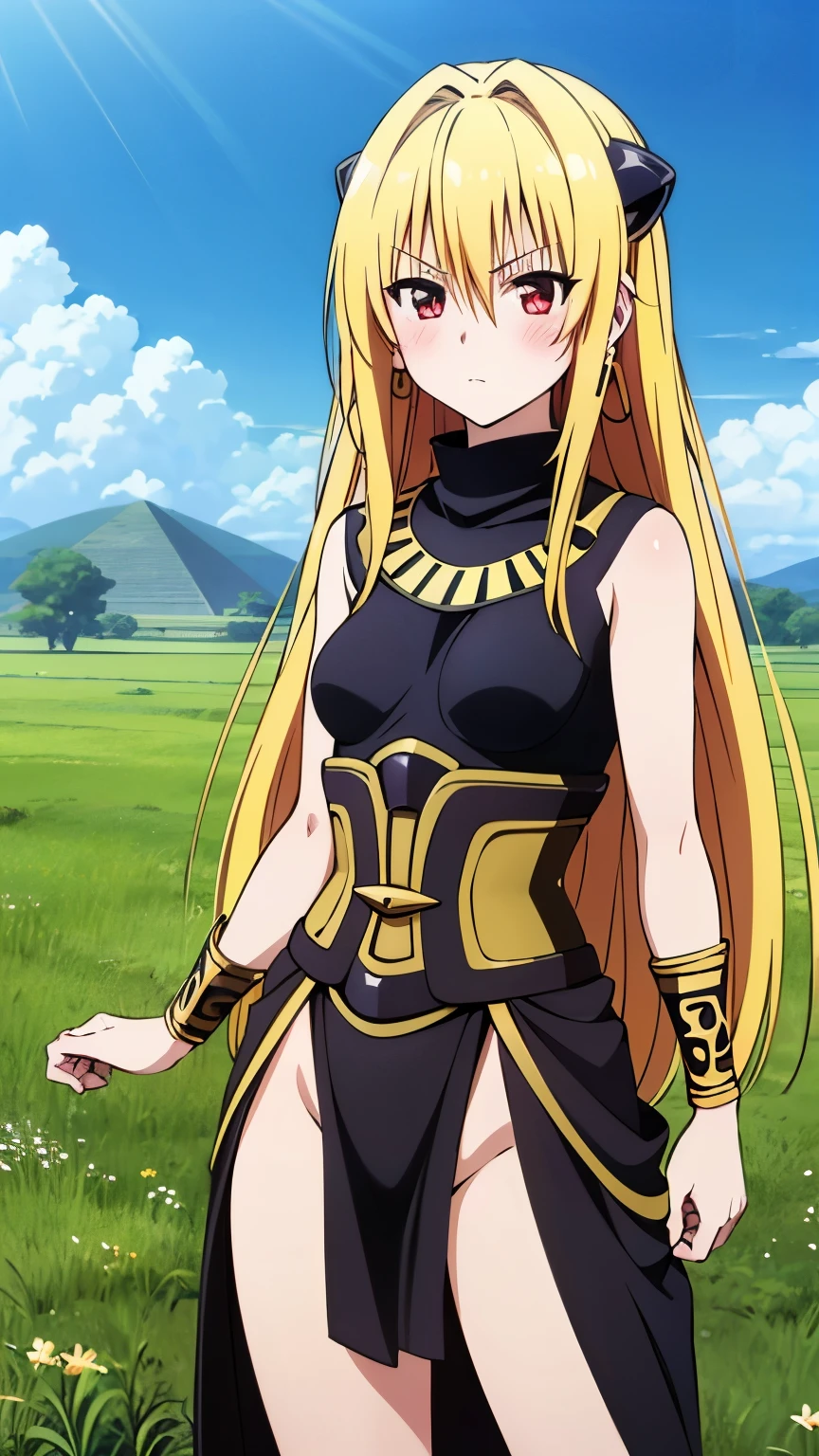 (anime),(1girl),(alone), konjiki no yami, (alone), long hair, blonde hair, hairpins, red eyes, very long hair, hair shots, (expressionless, calm:1.5), solo, ((Egyptian costume, Exposure, earrings, glare, blush, Grassland)), (small medium breasts:1.2), narrow waist,
round butt, hair between eyes, hair ornament, two sides up, bangs, cowboy shot, dynamic stance, ultra detailed, detailed eyes, masterpiece, standing, perfect hands, perfect anatomy, floating hair, to love- ru, looking forward, perfect anatomy, perfect hands, (looking at viewer),