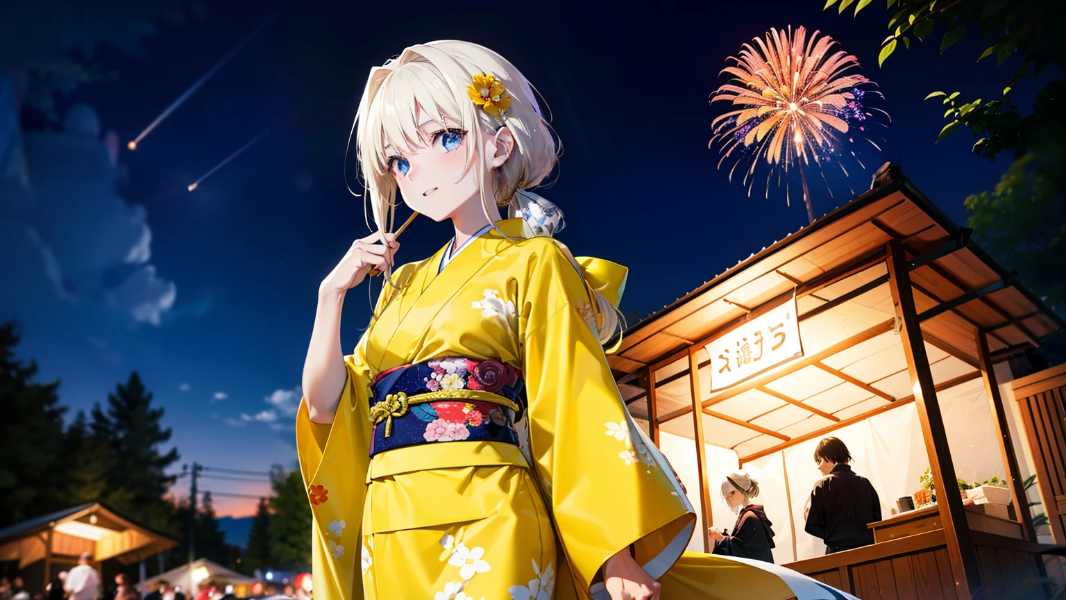 Arisburg, Alice Zuberg, bangs, blue eyes, blonde, Hair between the eyes, Long Hair,Flower Hair Ornaments,Tie your hair back, hair band, white hair band,Yellow kimono,happy smile,smile, Open your mouth,firework in the night sky、firework,場所はfirework大会,Time is night,sunny day,Japanese Festivals,Summer festival food stalls,Red Lantern,whole bodyがイラストに入るように
break outside, shrine,
break looking at viewer, whole body,(Cowboy Shot:1.5),
break (masterpiece:1.2), Highest quality, High resolution, unity 8k wallpaper, (shape:0.8), (Beautiful attention to detail:1.6), Highly detailed face, Perfect lighting, Extremely detailed CG, (Perfect hands, Perfect Anatomy),