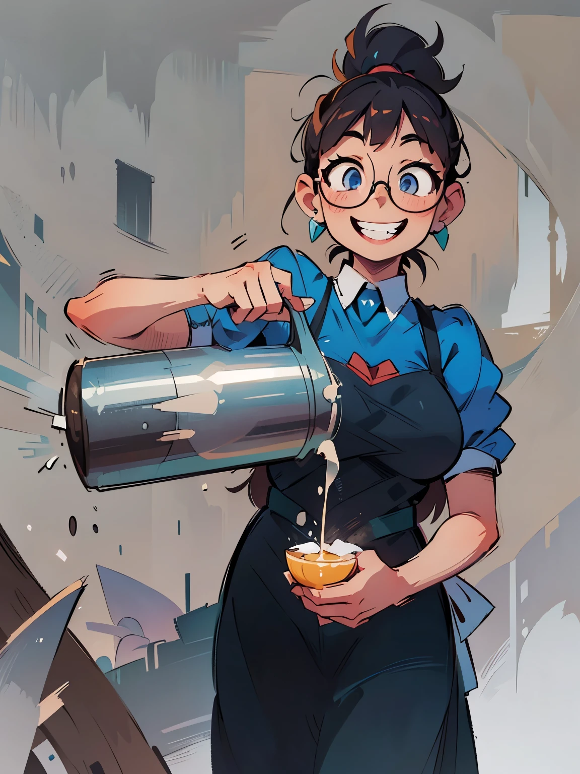 masterpiece, highest quality, (fine eyes), one high school girl, medium breasts, eyeglasses, grin and laugh, ponytail, earrings, white apron, Puffy short sleeves,