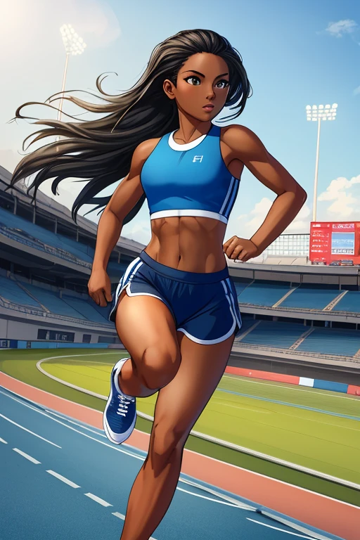 (Masterpiece, Best Quality, extremely detailed, 1 girl, Alone), Athlete girl dressed in blue sports bra and sports shorts in running position getting ready to run, black skin, long hair, Slim and toned body, the background is an athletics track