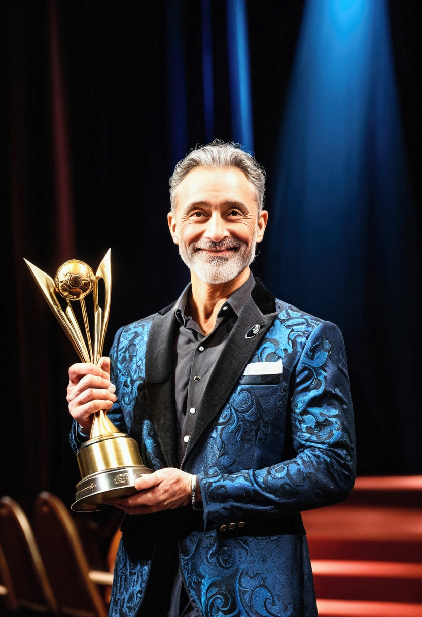 (Award-Winning Moment), the slanting spotlight illuminated the excited figure of the winner. Warm orange tones create a warm and exciting atmosphere. The winner's hands are shaking slightly, the elongated shadow behind him adds to the drama of the picture, full body, award-winning, cinematic still, emotional, vignette, dynamic, vivid, (masterpiece, best quality, photorealistic, Professional, perfect composition, very aesthetic, absurdres, ultra-detailed, intricate details:1.3)