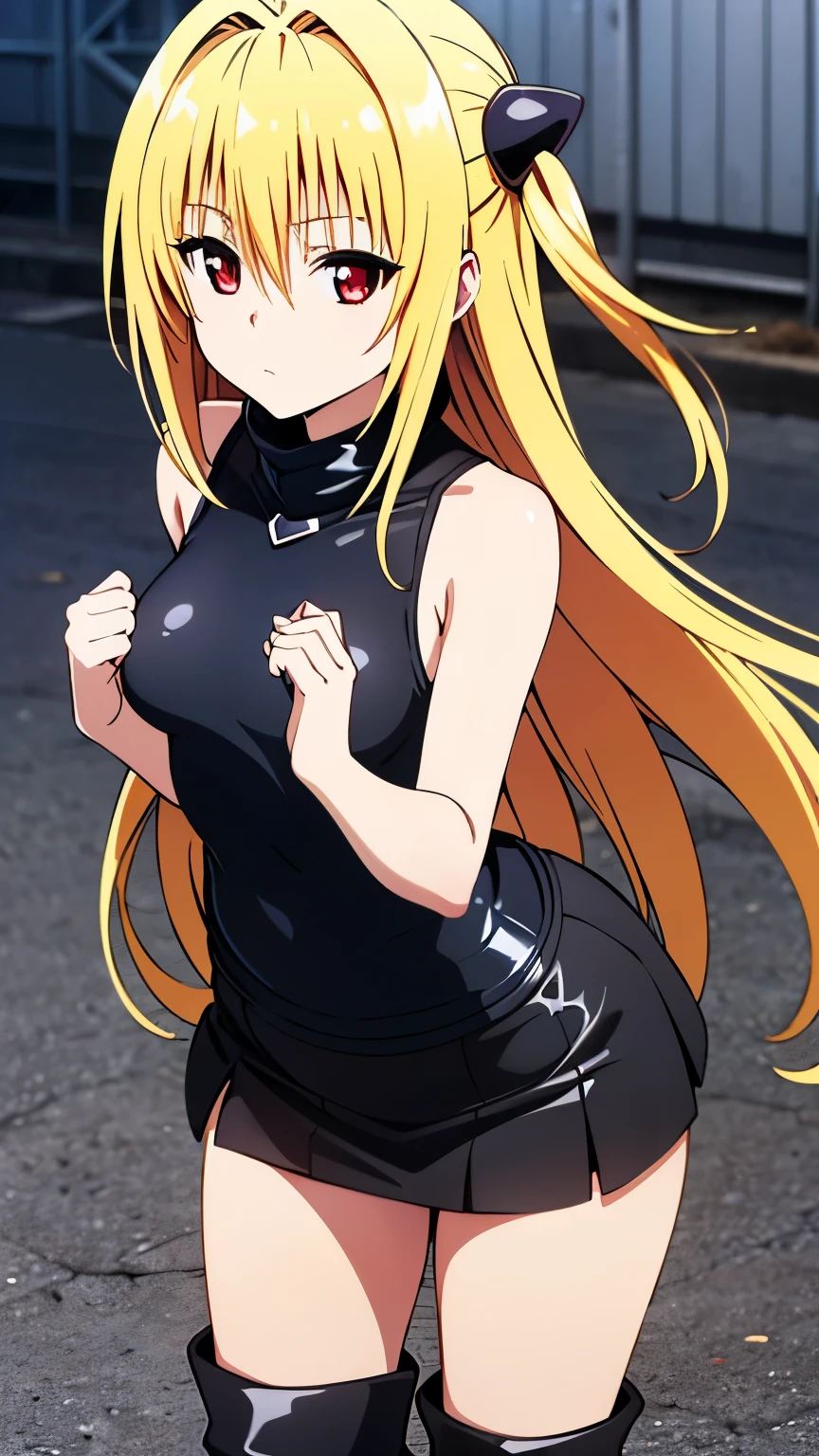 (anime),(1girl),(alone), konjiki no yami, (alone), long hair, blonde hair, hairpins, red eyes, very long hair, hair shots, (expressionless, calm:1.5), solo, ((Black leather camisole, leather mini skirt, black boots, beautiful shoes, city)), (small medium breasts:1.2), narrow waist,
round butt, hair between eyes, hair ornament, two sides up, bangs, cowboy shot, dynamic stance, ultra detailed, detailed eyes, masterpiece, standing, perfect hands, perfect anatomy, floating hair, to love- ru, looking forward, perfect anatomy, perfect hands, (looking at viewer),