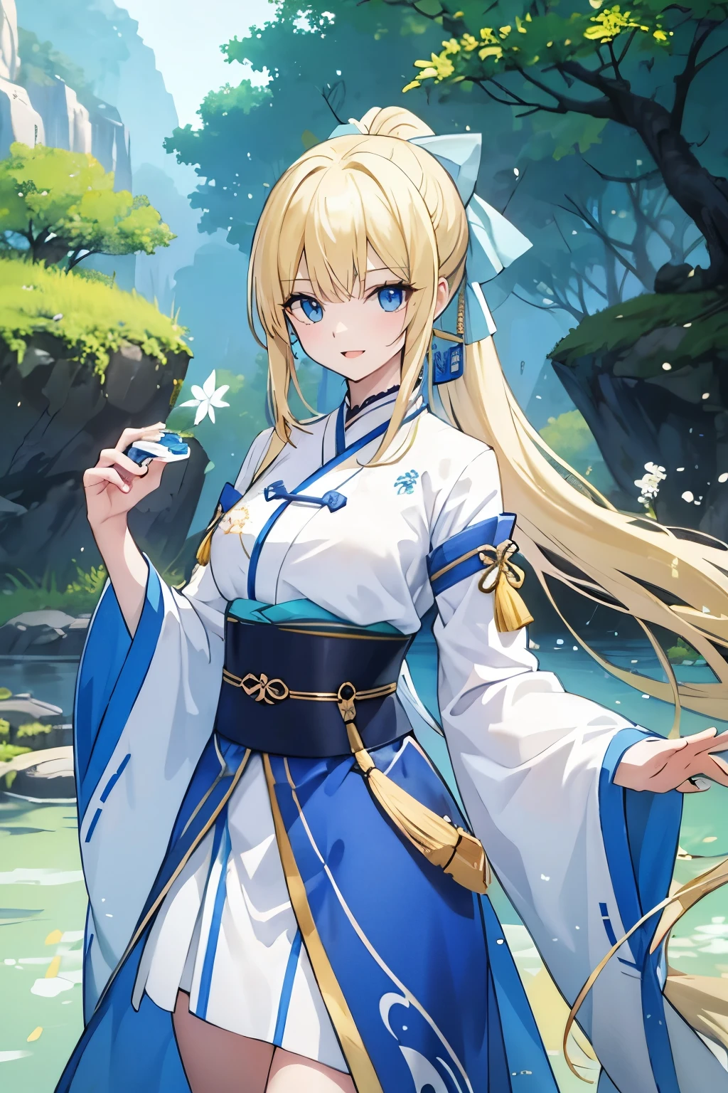Safe for work, masterpiece, best quality, solo, 1 girl, (young female body:1.4), ( medium breasts), golden yellow hair, extra long hair, blunt bangs, crystal blue eyes, very detailed eyes, standing, elegant, smiling, cute girl, cowboy shot, hanfu, chinese clothing, light blue hanfu, forest, river, pond, long chinese clothing, traditional blue hanfu, long clothes hiding legs, wholsome, safe for work, appropriate clothing, ponytail