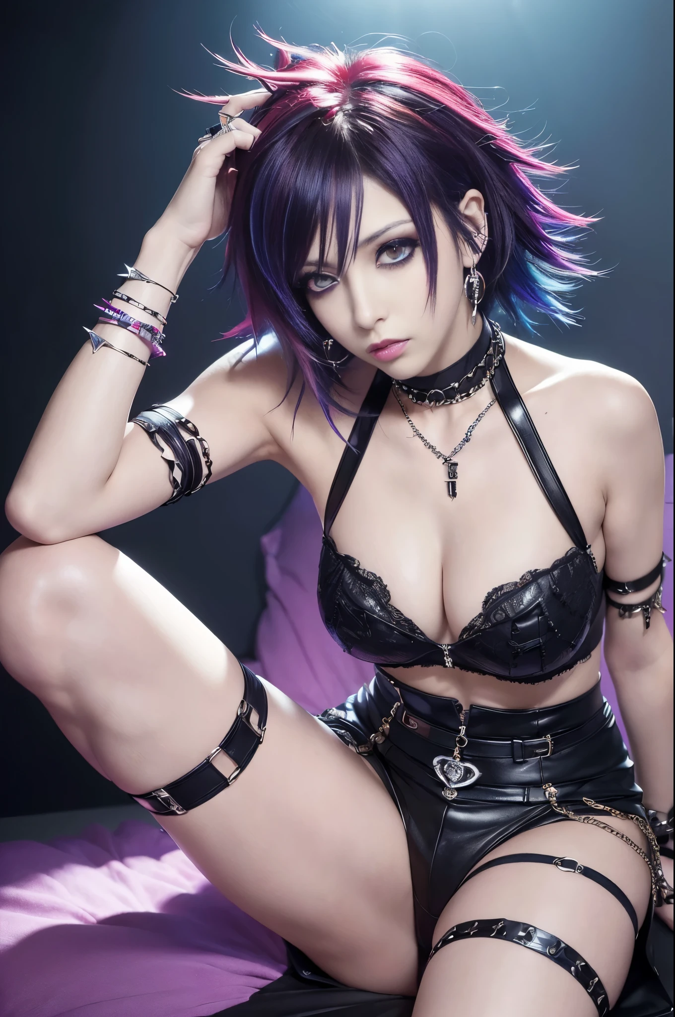 (masterpiece:1.4), (best quality:1.4), ultra high res, ultra high resolution, ((ultra detailed facial features)), HDR, (realistic, photorealistic, photo-realistic:1.37), (1 man), full body Esbian, ((sexy Japanese male)), (-anime), vivid colors, ((vivid colors multicolor (Visual Kei style spikes very short hair))), (happy smile), ultra detailed punk makeup, bold lipstick, long lashes, defined eyebrows, wearing large Visual Kei jewelery, wearing a Visual Kei cosplay, ((vivid Visual Kei outfit)), (layered clothing), choker, rings, bracelets, piercings, look at the camera, cinematic light, rockstar festival stage background with multicolor lights, sweet and sexy pose