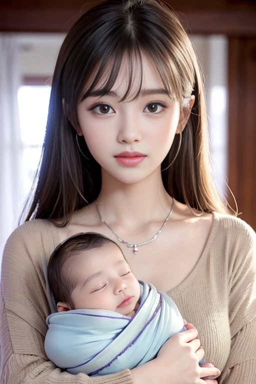 masterpiece, best quality, girl, (아름다운 girl, 채소 girl: 1.3), (19 years old: 1.3), very precise definition, (symmetrical eyes: 1.3), , brown eyes, split bangs, silver hair, girl, (Eyes and facial details: 1.0), (close up) face enlargement, face enlargement, face focus: 1.0), best smile, 8k, disney style,  vista, complicated, ((((holding a newborn baby))),