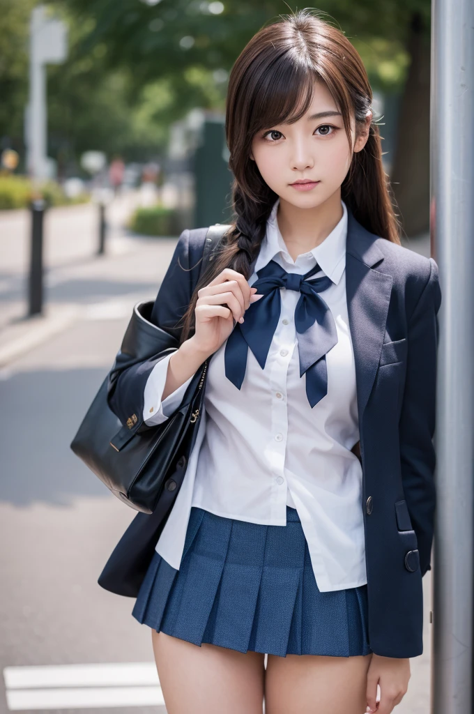 (8k, RAW photo, best quality, masterpiece:1.2), (realistic, photo-realistic:1.4), (extremely detailed 8k wallpaper), Japanese 20 age woman,Ultra-detailed face, Detailed eyes, Double eyelid, school bag,blazer, school, dark blue skirt, short skirt, black socks, loafers, full body,date,(random hairstyles, Huge breasts :1.2),random poses,random outfit,random clothes color