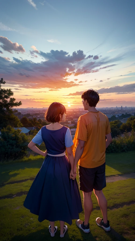 A couple is standing on a hill. An airplane is flying above them. The couple is wearing short clothes. The girl's hips are big. The sunset is taking place.