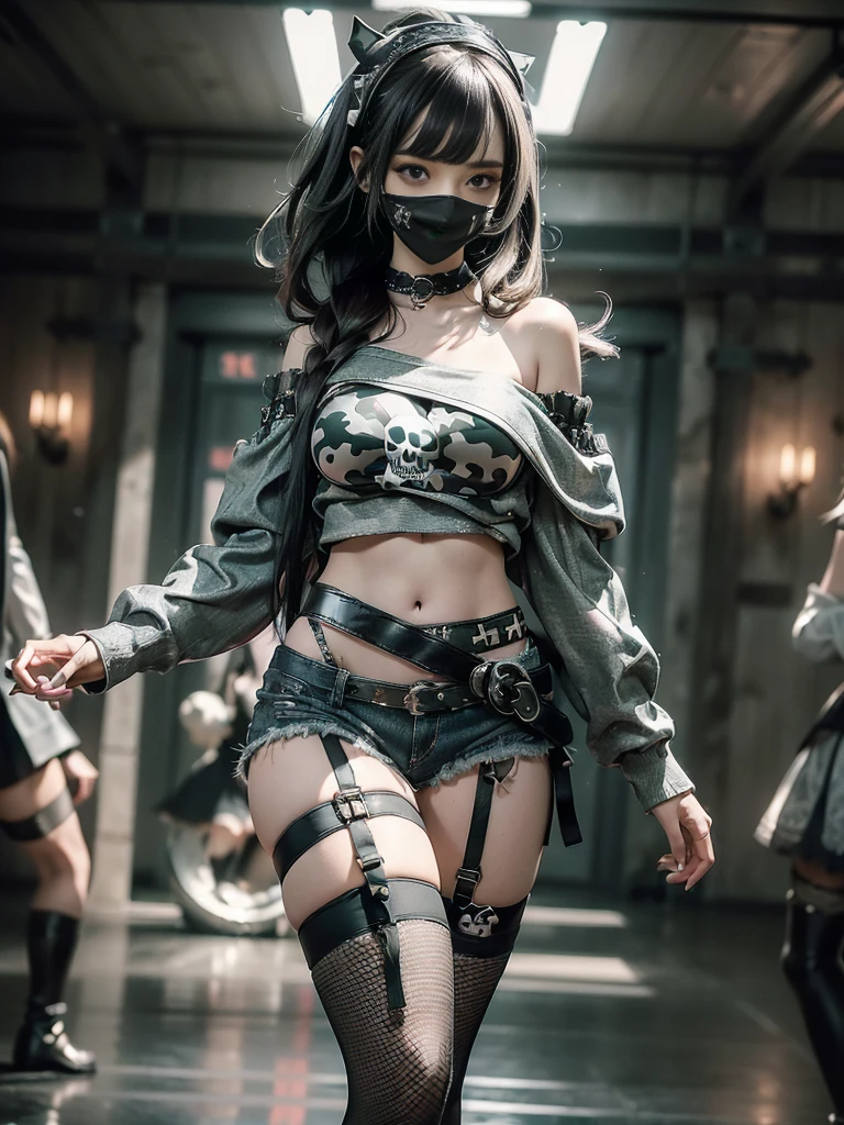 (Side view:1.1)、(Beautiful skin, lips and nose:1.4)、(Smiling with teeth showing:1.3),(Fashion Model:1.5)、(Gothic Lolita delicately decorated battle uniform:1.5)、(Moss green off-shoulder hoodie:1.5)、(Black, silver and white shorts:1.4)、(denim garter belt:1.5)、(Black and camouflage knee socks:1.3)、(Skull Silver Accessories:1.5)、(Lace collar:1.3)、(Brown Skin Belt:1.4)、(Brown boots:1.2)、(Underwear has polka dots:1.4)、23 years old、((Highest quality、In 8K、masterpiece:1.3))、Sharp focus:1.2、(Layered Cut、Huge boobs:1.1),Beautiful woman with perfect figure:1.4、(Dancing vigorously:1.3)、Slender Abs:1.2、Highly detailed face and skin texture、Detailed eyes、double eyelid,(Bob Hair:1.3)、(Black brown hair:1.3)、Gravure idol、(The background is a gorgeous fashion show:1.3)、(Slim Body:1.2),(Make your legs thinner:1.4),(clavicle:1.1)
