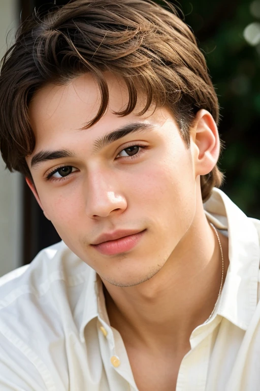 Imagine a young man with light skin, with honey-colored eyes that shine warmly. He has thin lips and a slightly upturned nose.. His face is thin, but he has a soft and tender expression that conveys kindness and sweetness, slightly long light brown hair