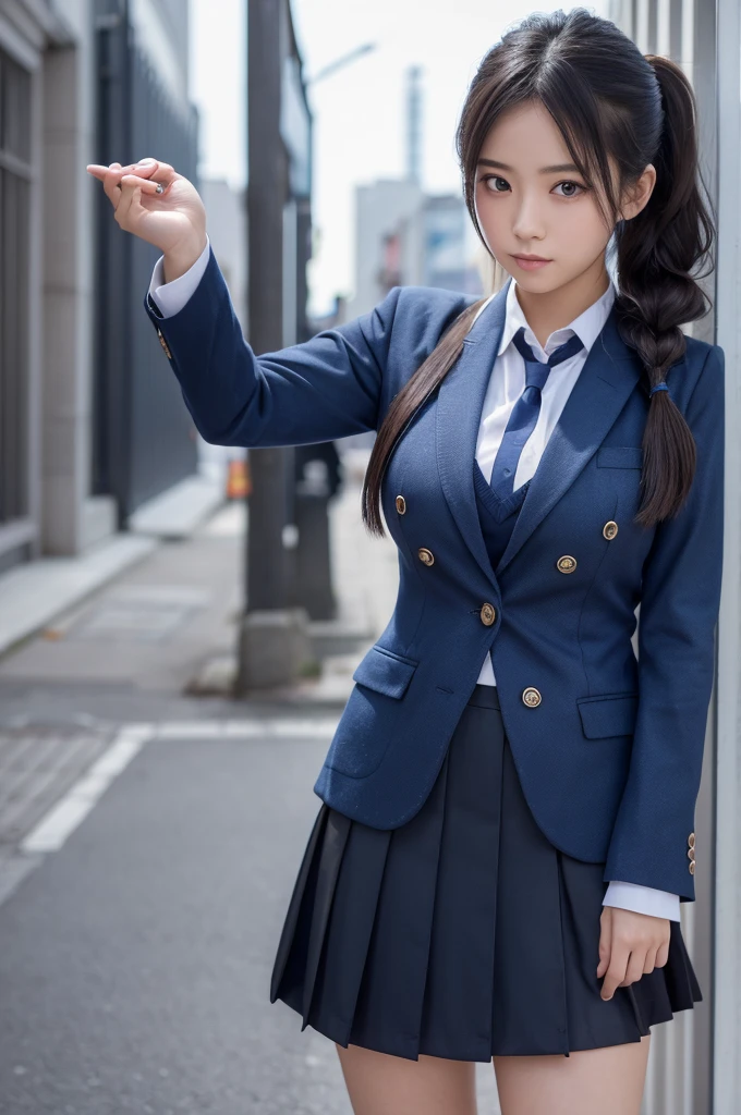 (8k, RAW photo, best quality, masterpiece:1.2), (realistic, photo-realistic:1.4), (extremely detailed 8k wallpaper), Japanese 20 age woman,Ultra-detailed face, Detailed eyes, Double eyelid, school bag,blazer, school, dark blue skirt, short skirt, black socks, loafers, full body,date,(random hairstyles, Huge breasts :1.2),random poses,random outfit,random clothes color