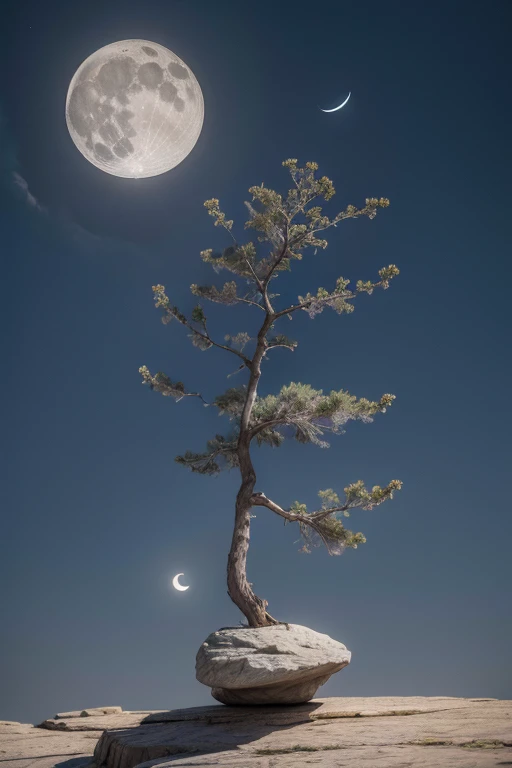 a dry tree with just a rock flower and a waning moon in the sky and an eight-pointed star