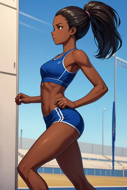 (Masterpiece, Best Quality, extremely detailed, 1 girl, Alone), girl, Teenage femaAthlete girl dressed in blue sports bra and sports shorts in running position getting ready to run, black skin, long hair, Slim and toned body, the background is an athletics track